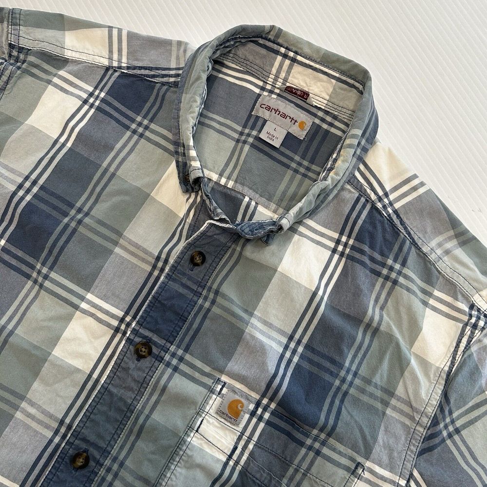 Carhartt Relaxed Fit Mens Large Blue Gray Plaid‎ Short Sleeve Button Down Shirt